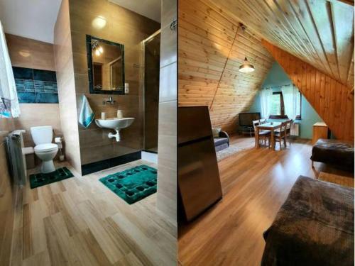 two pictures of a bathroom and a living room at Noclegi u Basi in Klikuszowa