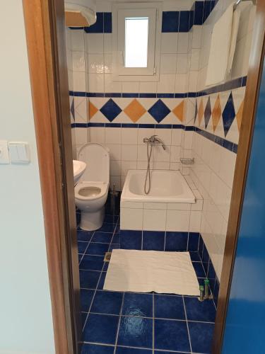 a bathroom with a toilet and a tub and a sink at Olive & Garden in Nea Moudania