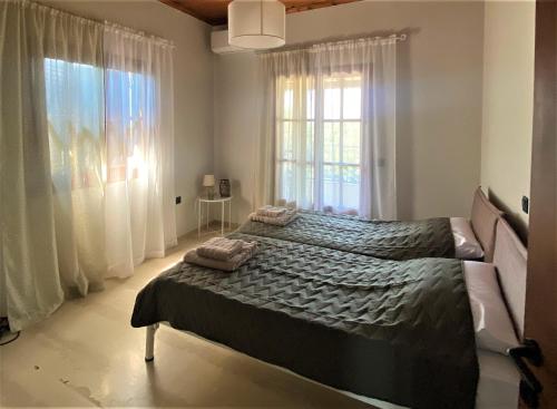 Káto GaroúnaAlexandra's Boutique House的一间卧室，配有两张床和一个大窗户