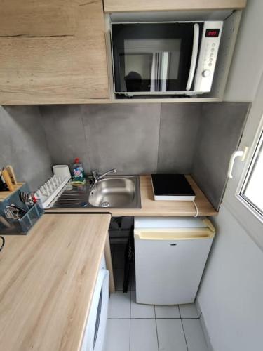 une petite cuisine avec un évier et un micro-ondes dans l'établissement Studio Tour Eiffel, à Aulnay-sous-Bois