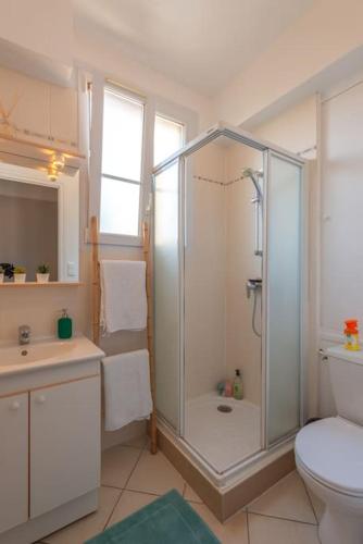 une salle de bain avec une douche, des toilettes et un lavabo dans l'établissement Le Constantine - Paix & Lumière, à Dijon