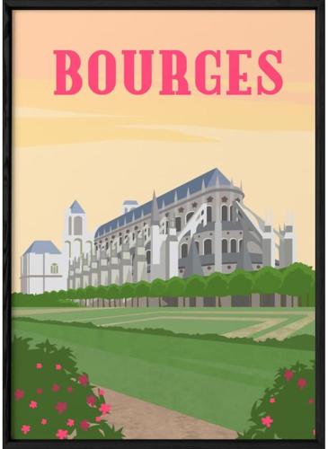 une affiche d'un bâtiment blanc avec des fleurs devant dans l'établissement First, à Bourges