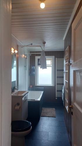 Un baño con bañera, inodoro y lavabo. en Reykjavik Condo, en Reikiavik