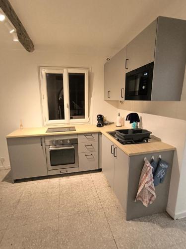 La cuisine est équipée de placards gris et d'un four avec plaques de cuisson. dans l'établissement Villa Mané, à Antibes