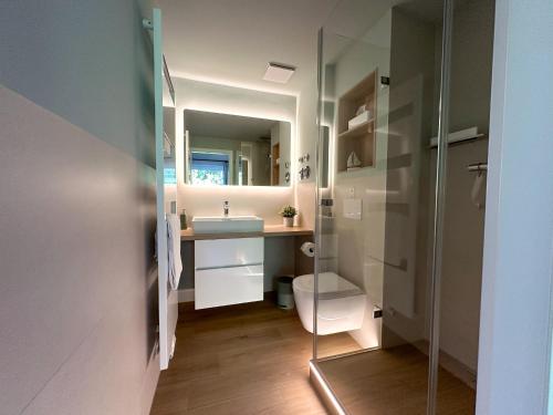 a bathroom with a sink and a toilet and a mirror at Ferienanlage Eldena Ferienwohnung 12 in Lobbe