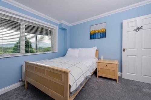 a blue bedroom with a bed and a window at Greenane House in Killarney