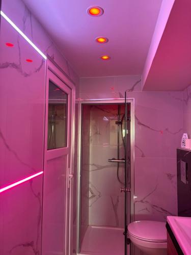 La salle de bains est pourvue d'une douche et de toilettes avec un éclairage violet. dans l'établissement LoVe 1, au Cap d'Agde