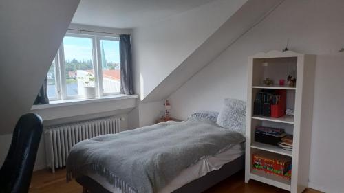 un dormitorio con una cama y una ventana en Reykjavik Condo, en Reikiavik