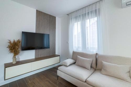 a living room with a couch and a flat screen tv at North Apartments in Bijelo Polje