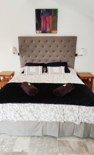 - un grand lit avec une couette et des oreillers en noir et blanc dans l'établissement Chambre cosy avec terrasse sur la colline boisée, parking privé, jardin, calme, climatisation, 10 mn pont du Gard num7, à Rochefort-du-Gard