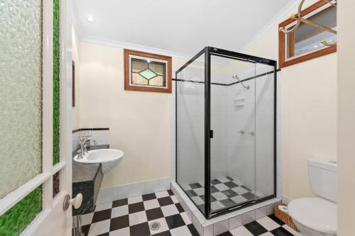 a bathroom with a shower and a sink at The Glen Iris 1913 in Toowoomba