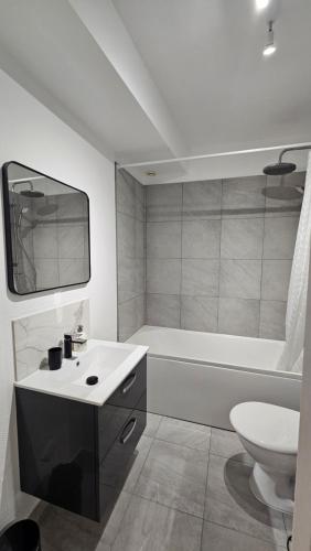 une salle de bain avec un lavabo, une baignoire et des toilettes dans l'établissement L'Urbain IV - Hypercentre Troyes, place mairie, à Troyes