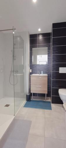 une salle de bain avec une baignoire, un lavabo et une douche dans l'établissement Les Hauts de Tanchet, à Château-dʼOlonne