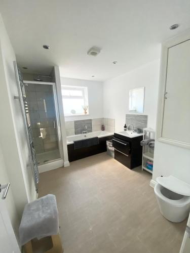 a bathroom with a toilet and a sink and a tub at Spacious Town House in Aberdare