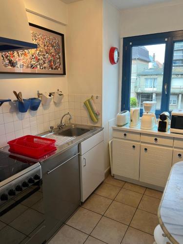 une cuisine avec un évier et une fenêtre dans l'établissement L'Eau Vive 2 Front de mer 2e étage, à Le Touquet-Paris-Plage