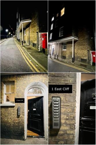 a brick building with a black door and a east slit at Flat 4 Marine Parade House, 1 East Cliff- Next to Dover Port, White Cliffs, Beach, Castle in Dover