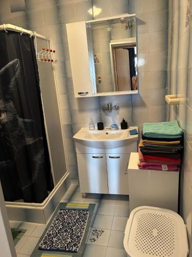 a small bathroom with a sink and a shower at Apartments with parking space Metajna, Pag - 4127 in Zubovići