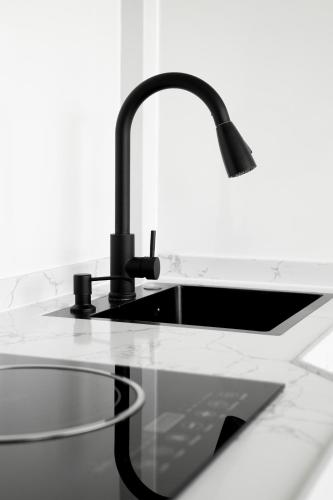 a kitchen sink with a faucet on a counter at Field Tiny Home - Fruit & Sunset in Hall