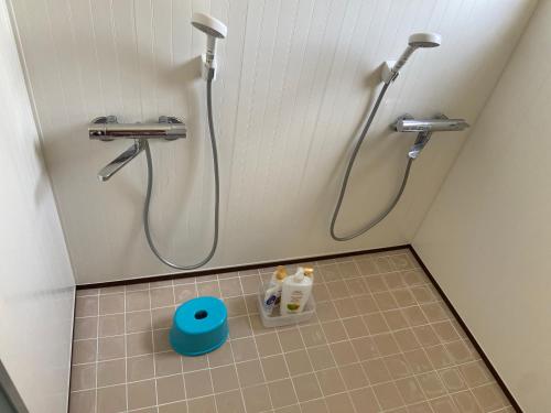 a bathroom with a shower with a tiled floor at Yoshidoku Inn - Universal Studios 3 stops, Namba 2 stops, Shinsaibashi 3 stops in Osaka