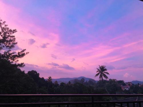 a sunset with a palm tree in the sky at Chathu Holiday Home in Kandy