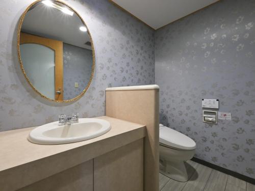 a bathroom with a sink and a toilet and a mirror at Rihga Hotel Zest Takamatsu in Takamatsu