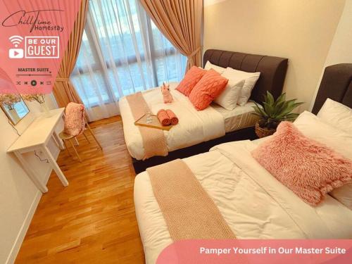 a bedroom with two beds and a table with a table at Paradigm Mall JohorBahru- Hyatt Palace 5GWifi Netflix by ChillTime Homestay in Johor Bahru