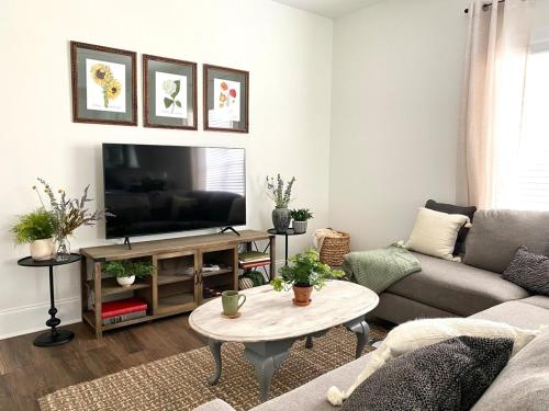 a living room with a couch and a tv at Bright Artist's Cottage-Mins to Downtown, Campus in Athens