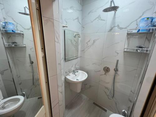 a bathroom with a shower and a toilet and a sink at Lumiver Apartment in Golem