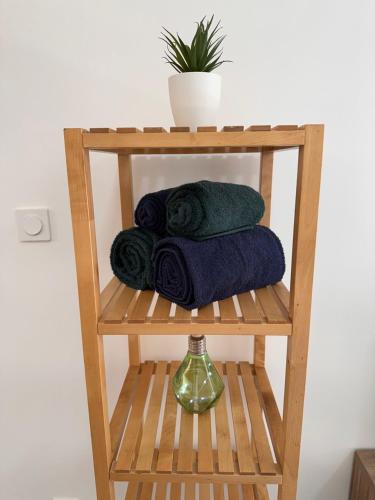 un porte-serviettes en bois avec des serviettes et une plante dans l'établissement Studio charmant Cocon des Poètes non fumeur quartier Victor Hugo centre ville, à Béziers
