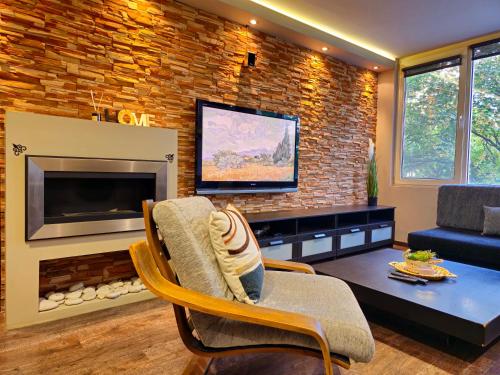 un salon avec une cheminée et une télévision dans l'établissement Mladost Sofia, close to Metro Station and Center, à Sofia