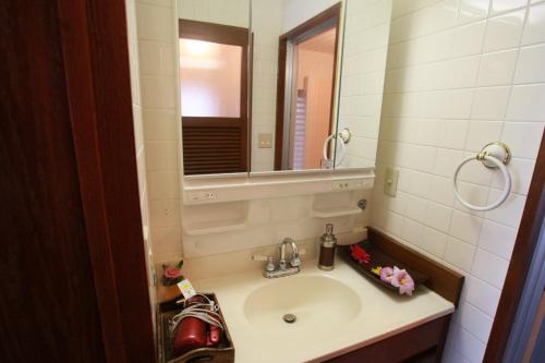a bathroom with a sink and a mirror at Cottage Hakuraku in Onna