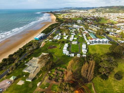 an aerial view of a resort next to the beach at BIG4 Tassie Getaway Park Ulverstone in Ulverstone