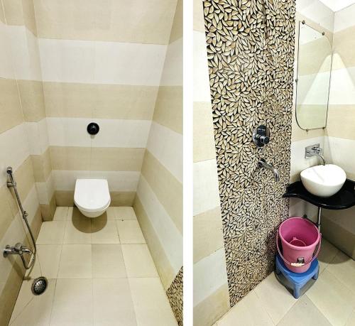 two pictures of a bathroom with a toilet and a sink at Hotel City Palace in Varanasi