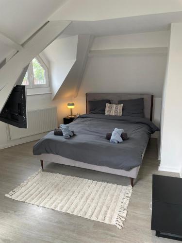 une chambre avec un grand lit dans un grenier dans l'établissement New Garden Unic 6 personnes, à Amiens