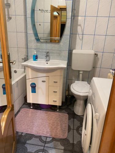 a bathroom with a sink and a toilet and a mirror at Central Home in Piatra Neamţ