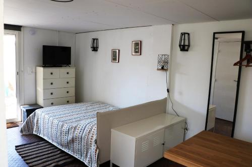 - une chambre avec un lit, une commode et une télévision dans l'établissement studio très près d'Arles et au calme, à Arles