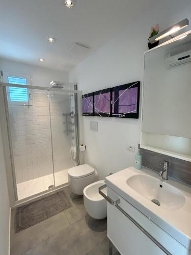 a bathroom with a toilet and a shower and a sink at L'incanto Home 2 in Cittadella