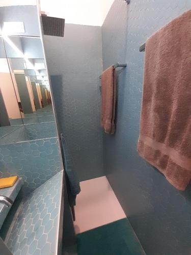 une salle de bain avec une douche, un lavabo et un miroir dans l'établissement Studio Marseille, à Marseille
