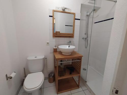 une salle de bain avec toilettes, lavabo et douche dans l'établissement Cosy Angelu, à Anglet