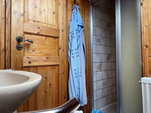 a bathroom with a sink and a towel hanging on a door at Berghof Arnika in Sankt Andreasberg