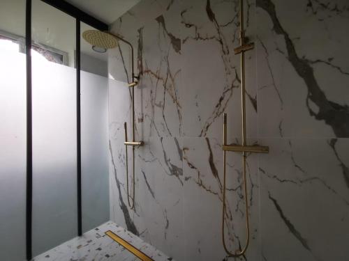 La salle de bains est pourvue d'une douche et d'un mur en marbre. dans l'établissement Château de la PLUMASSERIE, à Fontenay-Trésigny