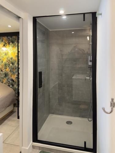 une douche avec une porte vitrée dans une salle de bain dans l'établissement Pépite entre Le Panier et le Vieux-port, à Marseille