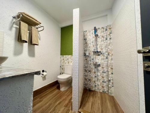 a bathroom with a toilet and a shower at Elm pansiyon in Fethiye