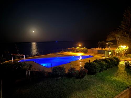 - une piscine avec des lumières bleues la nuit dans l'établissement Appartement n 302 moriani plage, à Moriani-Plage