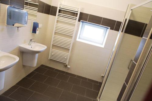 a bathroom with a sink and a toilet and a window at Penzion Taurus in Litomyšl