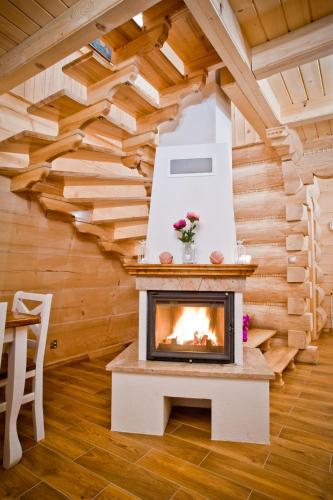 a fireplace in a log cabin with a wooden wall at Domki Prokop in Ciche