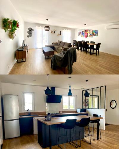 deux photos d'un salon et d'une salle à manger dans l'établissement Maison 100 m2 avec 3 chambres, à Saint-Caprais-de-Bordeaux