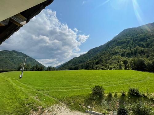 a large green field with mountains in the background at Familienappartement Seppenbauer in Bad Ischl