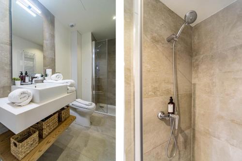 two pictures of a bathroom with a sink and a shower at INF31J - Stunning holiday home next to beach in Estepona