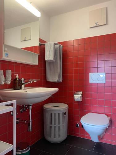 ラ・プン・シャミュ・シアシにあるChes'Arsa 2の赤いタイル張りのバスルーム(洗面台、トイレ付)
